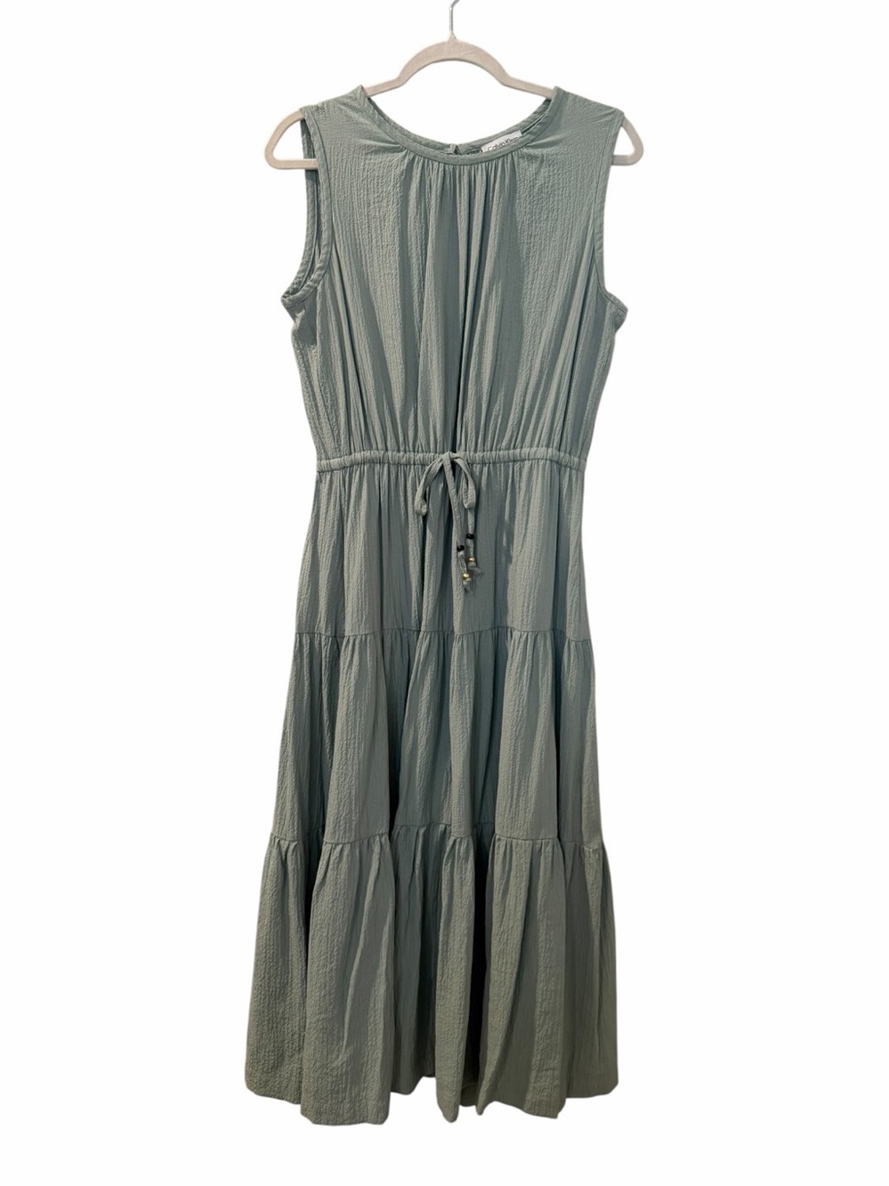 Calvin Klein Sage Green Textured Tiered Maxi Dress Size 10 Drawstring Waist